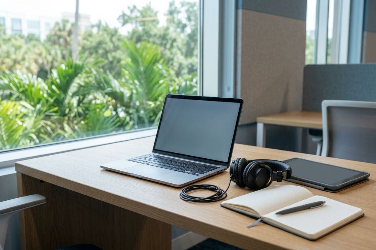 Estación de trabajo de un intérprete con auriculares, computadora portátil y notas en una oficina de Orlando
