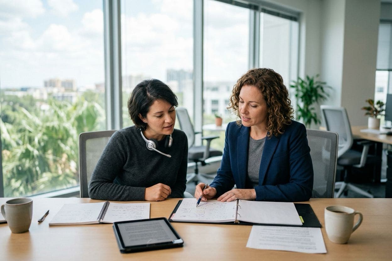 Profesionales del idioma revisando juntos notas de interpretación y terminología