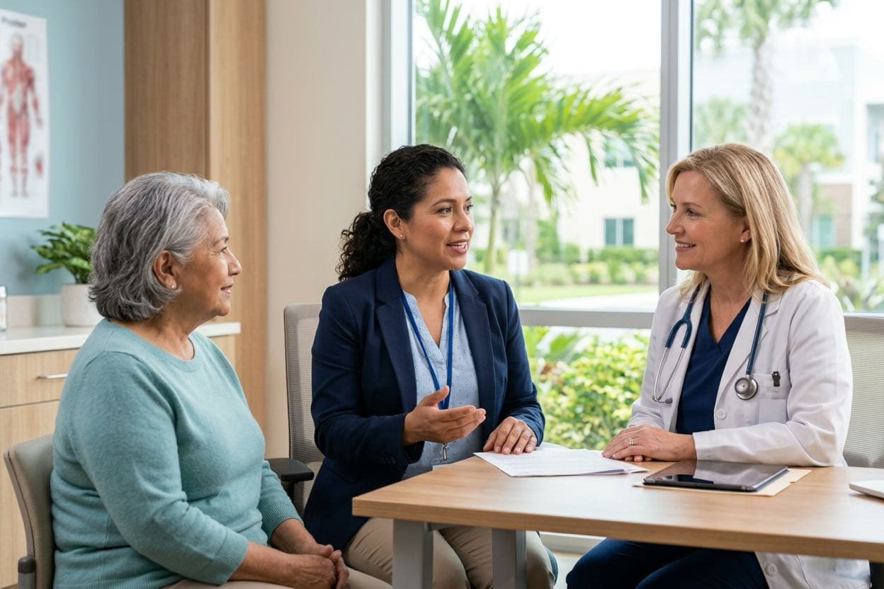 Intérprete de español asistiendo a un paciente y a un médico en una consulta médica en Orlando