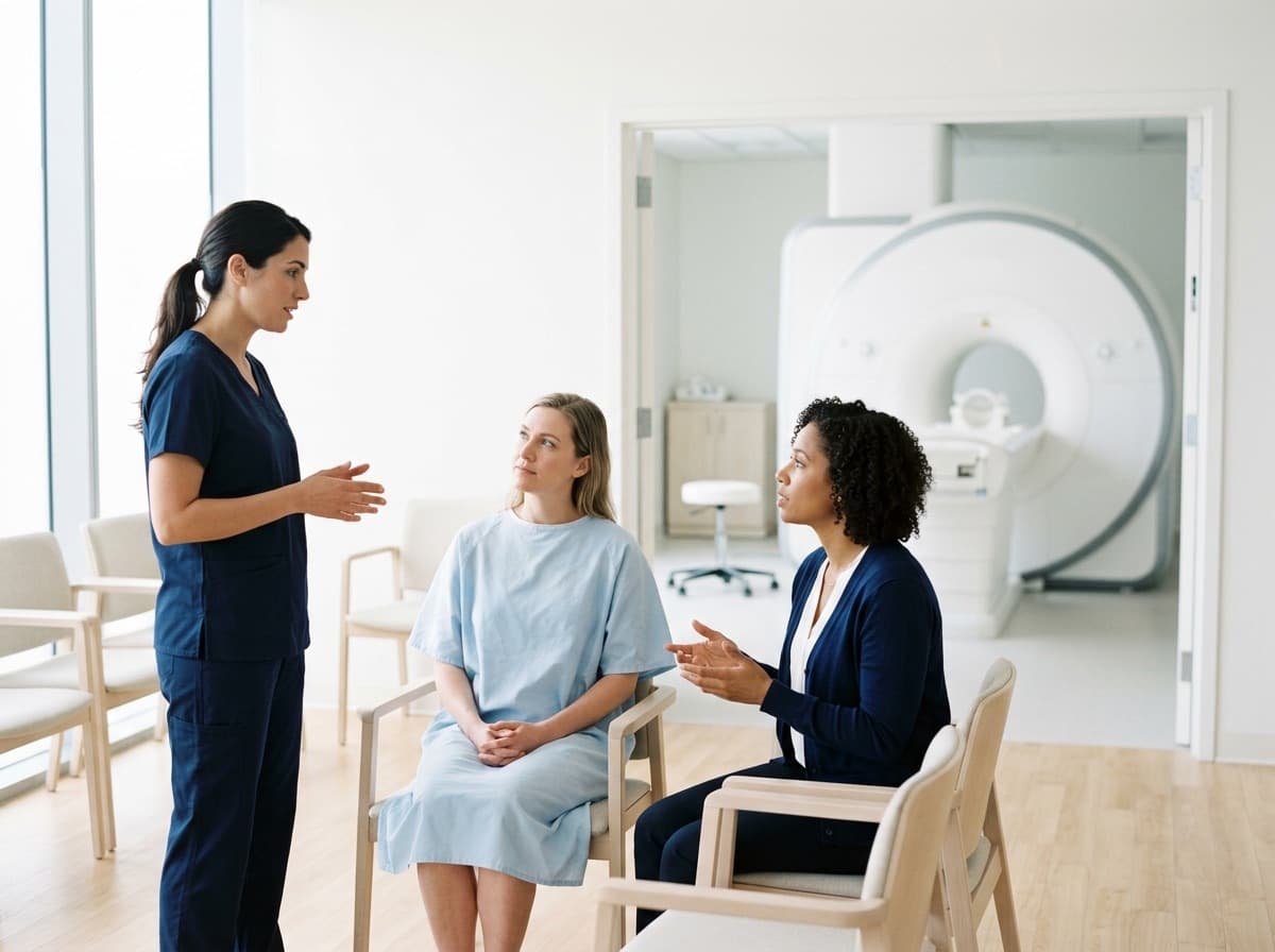 Una tecnóloga de radiología explica una cita de resonancia magnética a una paciente mientras una intérprete se sienta a su lado