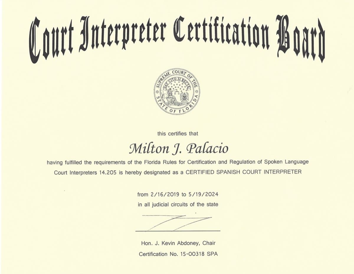 Certificación de Intérprete Judicial Certificado de Florida 2019-2024