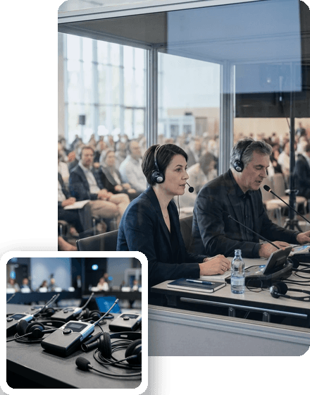 MVP Translations interpreters in a conference interpreting booth in Orlando, with simultaneous interpretation headsets