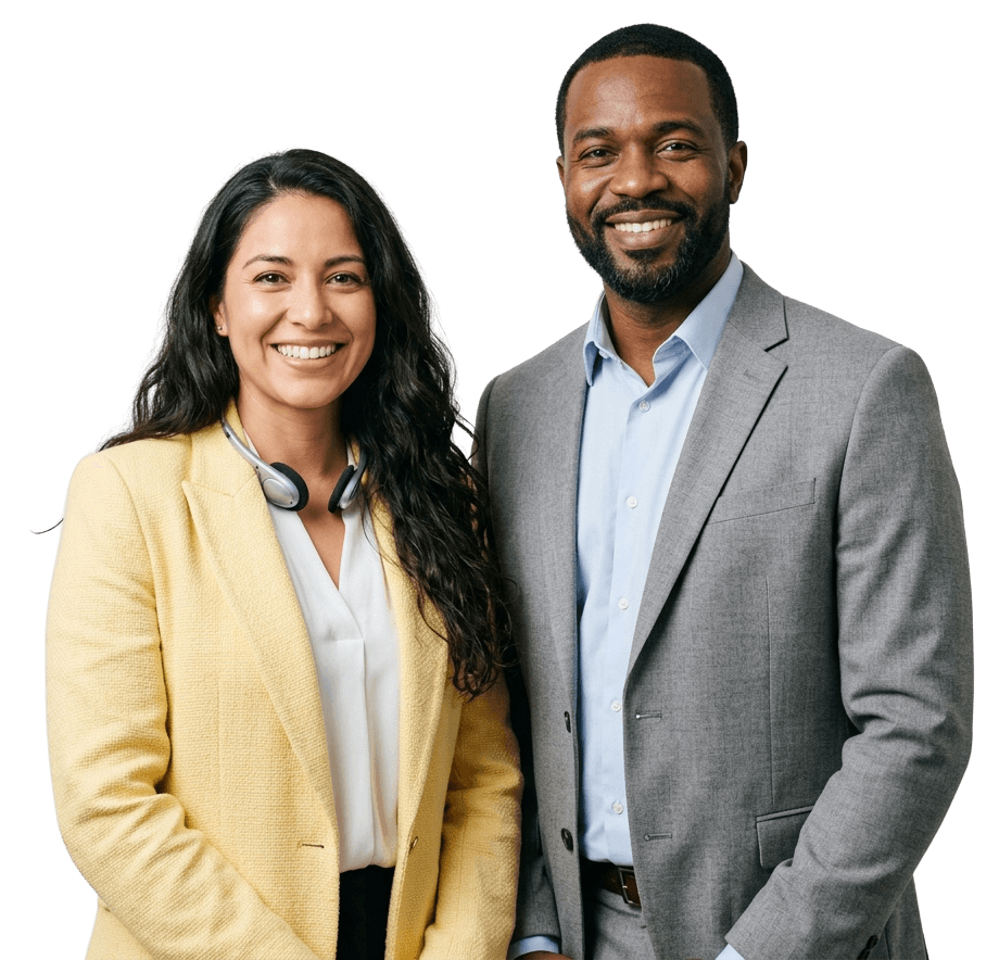 Two MVP Translations professionals in Orlando, Florida: an interpreter in a yellow blazer with a headset and a colleague in a grey suit