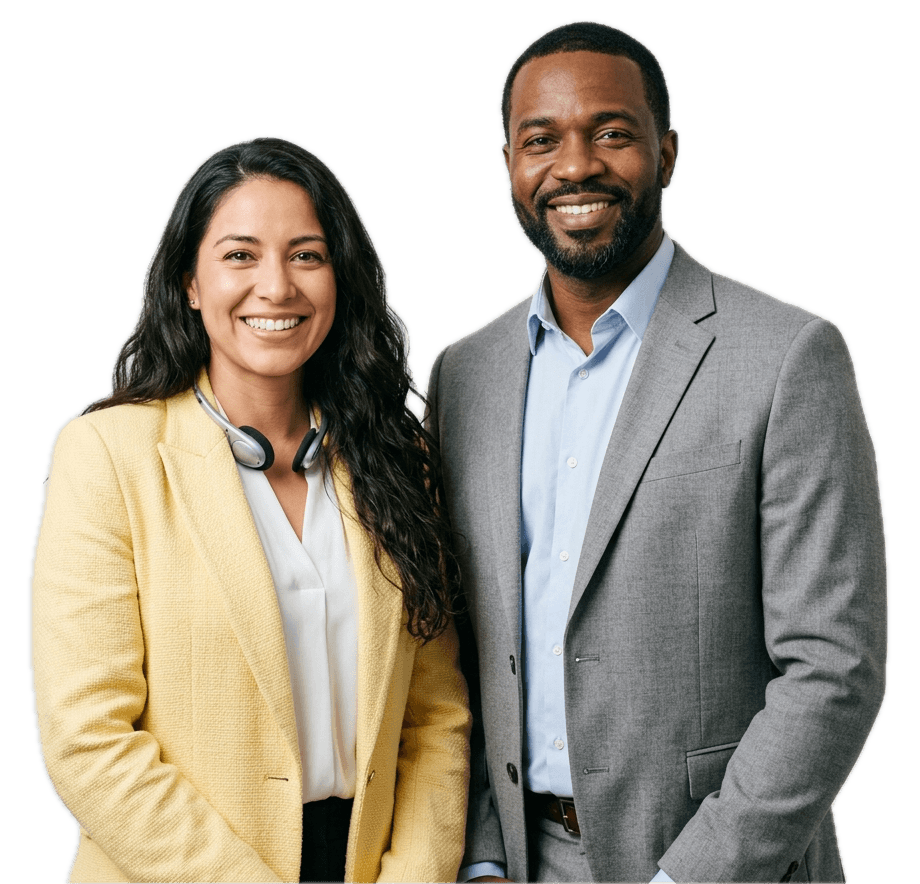 Dos profesionales de MVP Translations en Orlando, Florida: una intérprete con blazer amarillo y auriculares, y un colega con traje gris