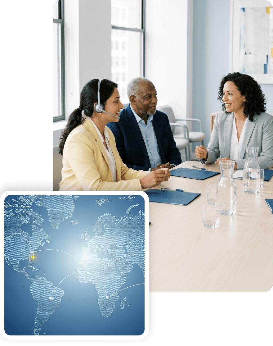 A professional interpreter with a headset interpreting for a client during a meeting with an attorney, beside a dotted world map