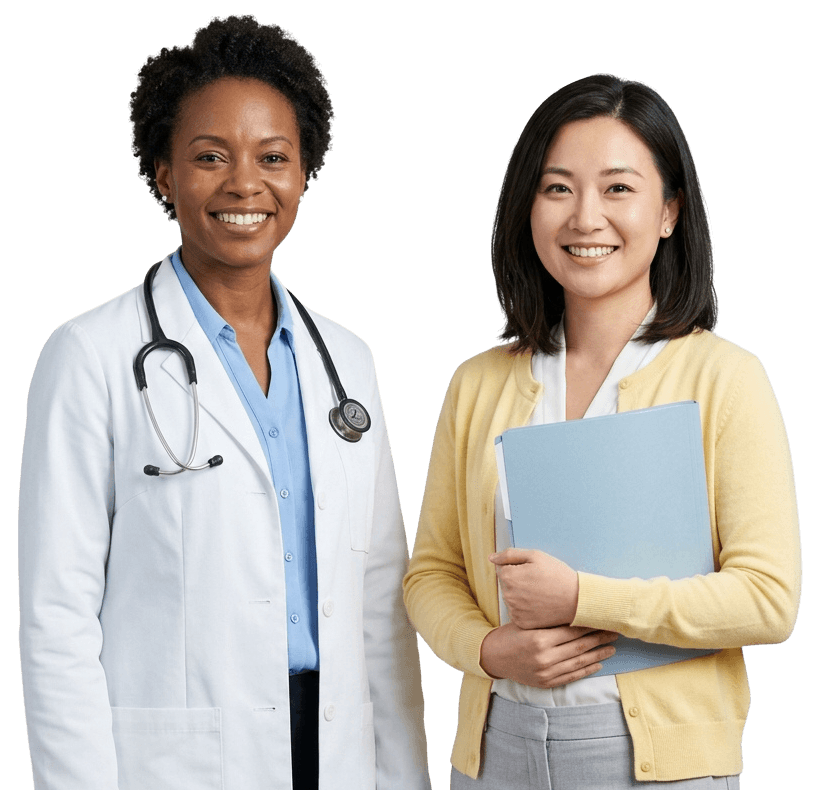 Dos profesionales en Orlando, Florida: una médica con bata blanca y una intérprete médica con cárdigan amarillo que sostiene una carpeta de documentos