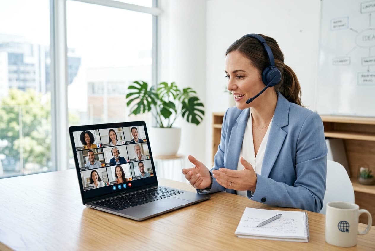 Una profesional con auriculares facilitando una reunión remota multilingüe con participantes diversos en la pantalla