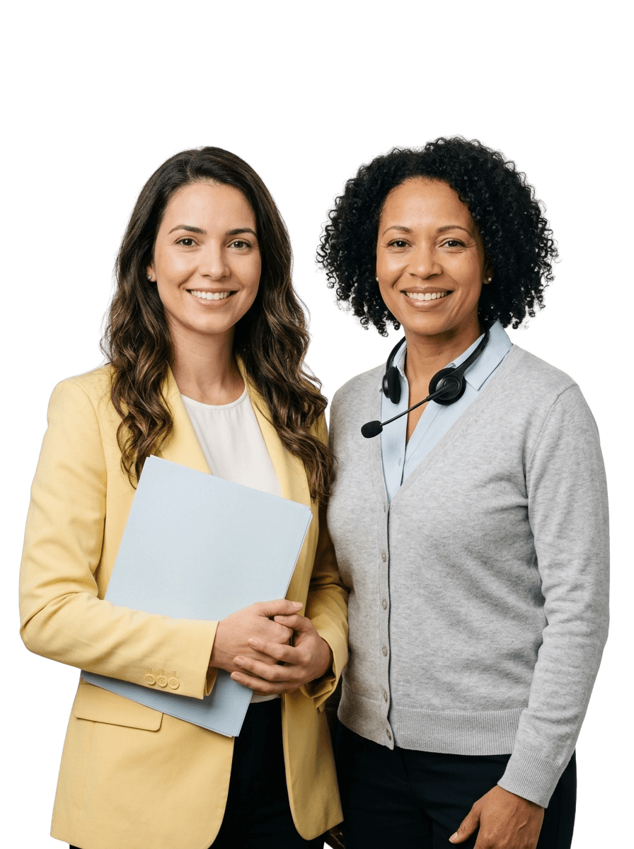 Dos profesionales del idioma de MVP Translations en Orlando, Florida: una intérprete con blazer amarillo claro y una carpeta de documentos, y una intérprete con cárdigan gris y auriculares
