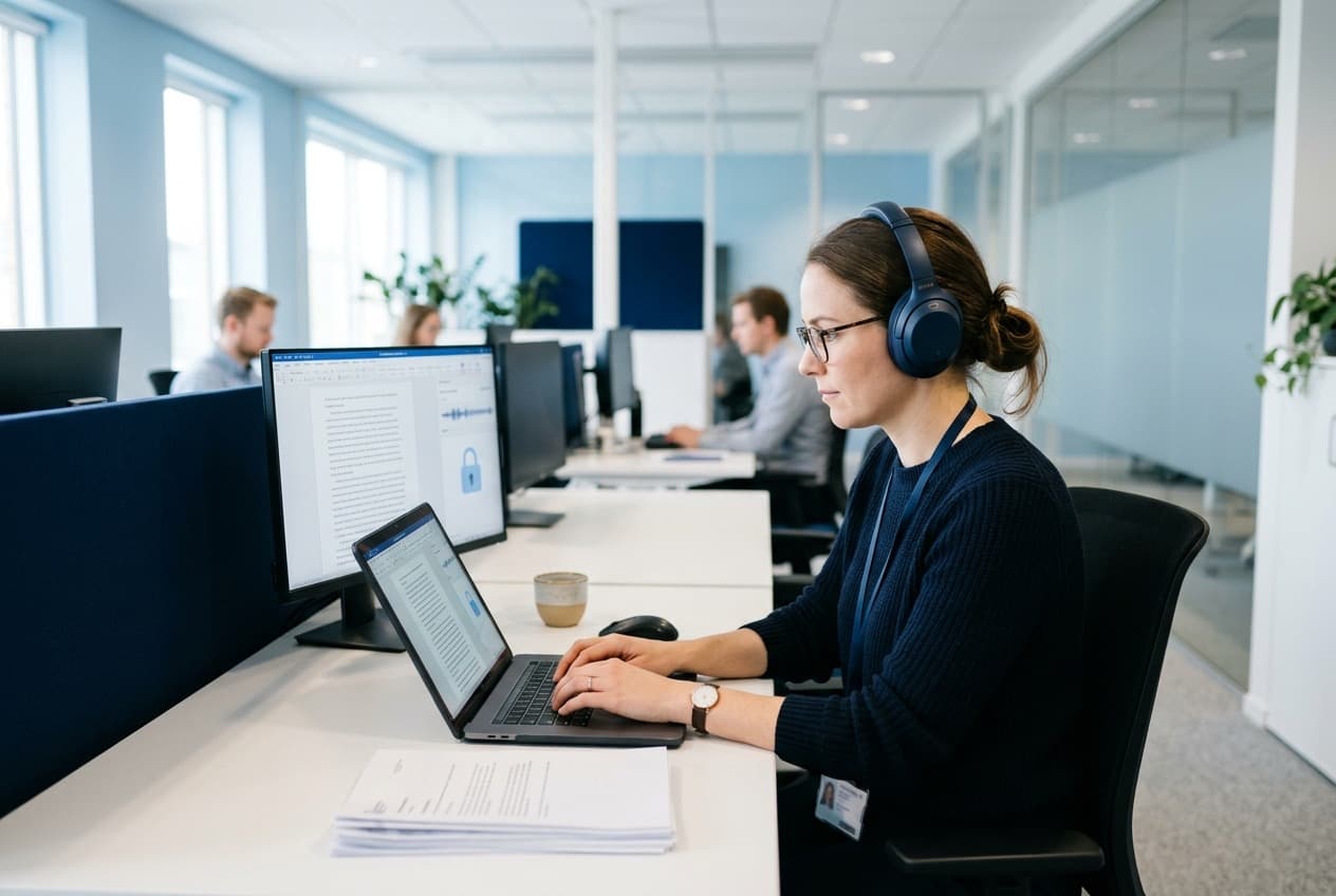 Una transcriptora con auriculares transcribiendo audio de forma segura en una estación de trabajo, con un candado de confidencialidad en la pantalla