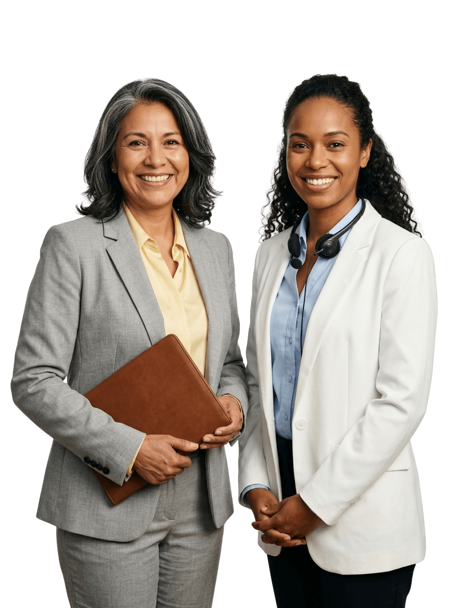 Dos profesionales del idioma de MVP Translations en Orlando, Florida: una intérprete con traje gris claro y una carpeta de cuero, y una intérprete con blazer blanco y auriculares