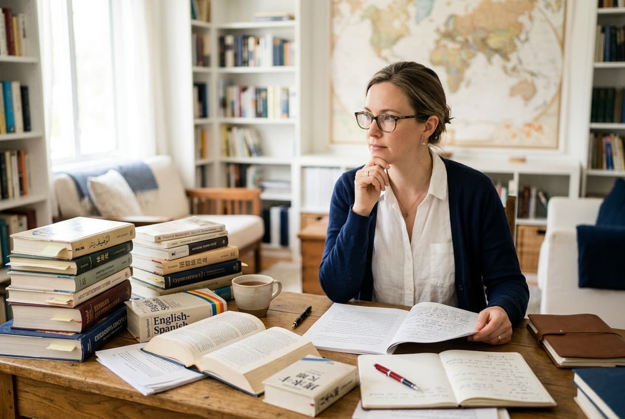 Una traductora trabajando entre libros de referencia en varios idiomas con un mapa del mundo de fondo