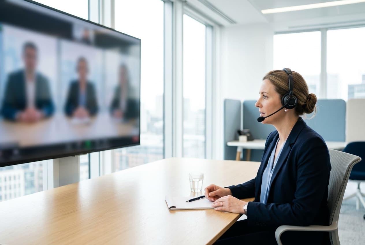 Intérprete trabajando con auriculares durante una deposición remota por videoconferencia